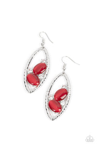 Infused with glassy white rhinestones, a pair of red oval cat's eye stones nestle inside of a hammered silver frame for a fashionable finish. Earring attaches to a standard fishhook fitting.  Sold as one pair of earrings.