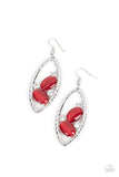 Infused with glassy white rhinestones, a pair of red oval cat's eye stones nestle inside of a hammered silver frame for a fashionable finish. Earring attaches to a standard fishhook fitting.  Sold as one pair of earrings.