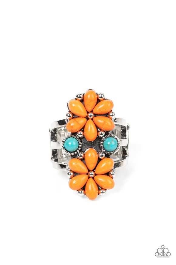 Flanked by dainty turquoise stones, a pair of orange stone petaled flowers blooms atop layered silver bands for an artisan inspired floral fashion. Features a stretchy band for a flexible fit.  Sold as one individual ring.