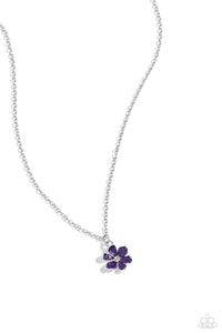 Painted in a plum finish, hammered silver petals delicately curl around a studded silver center at the bottom of a dainty silver chain for a rustically romantic finish. Features an adjustable clasp closure.  Sold as one individual necklace. Includes one pair of matching earrings.