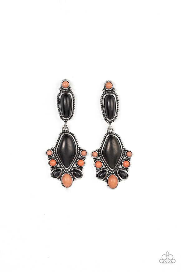 A mismatched assortment of black and Adobe stone beads fan out from the bottom of an asymmetrical black stone atop a textured and studded silver backdrop. The earthy frame swings from the bottom of a black and Adobe stone dotted silver fitting, resulting in a colorfully rustic lure. Earring attaches to a standard post fitting.  Sold as one pair of post earrings.