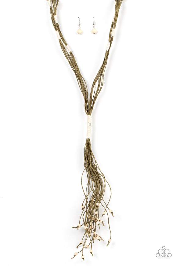 Sections of white cording knot around layers of Olive Branch hemp-like cording across the chest, resulting in an earthy tassel. White wooden beads adorn the tasseled ends, adding eye-catching detail to the free-spirted fringe. Due to the extended length of the piece, the necklace can easily be slipped over the head for a convenient clasp-free finish.  Sold as one individual necklace. Includes one pair of matching earrings.