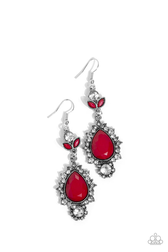 Dotted with dainty white rhinestones, leafy silver frames bloom from an oversized red teardrop bead that delicately hangs from a leafy white rhinestone and red beaded fitting for a whimsical finish. Earring attaches to a standard fishhook fitting.  Sold as one pair of earrings.