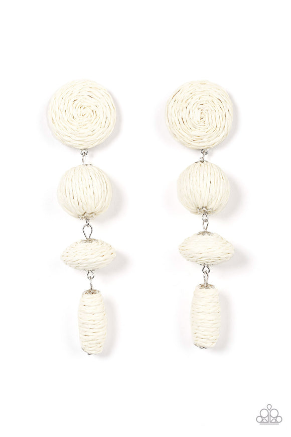 Strands of white crepe-like twine wraps around circle, sphere, oval, and oblong frames that delicately connect into a decorative tassel for a trendy homespun finish. Earring attaches to a standard post fitting.  Sold as one pair of post earrings.