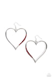 A section of fiery red rhinestones adorns a curvaceous silver heart frame, resulting in a heart-stopping sparkle. Earring attaches to a standard fishhook fitting.  Sold as one pair of earrings.