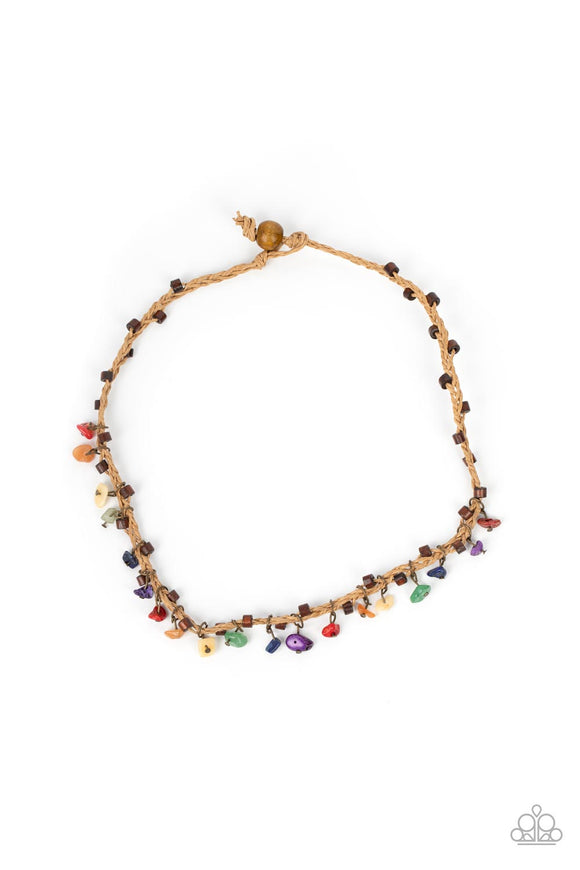 Infused with wooden accents, pieces of multicolored natural stones swing from braided strands of crepe like twine below the collar for a seasonal fringe. Features a button-loop closure.  Sold as one individual necklace.