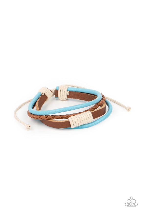 Knotted together with white cording, mismatched blue and brown leather bands layer around the wrist for an adventurous pop of color. Features an adjustable sliding knot closure.  Sold as one individual bracelet.