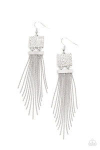 A tapered curtain of flat silver chains cascades from a silver rectangular fitting that delicately links to a silver square frame dotted in dainty white rhinestones, resulting in a trendy tassel. Earring attaches to a standard fishhook fitting.  Sold as one pair of earrings.