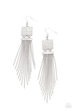 A tapered curtain of flat silver chains cascades from a silver rectangular fitting that delicately links to a silver square frame dotted in dainty white rhinestones, resulting in a trendy tassel. Earring attaches to a standard fishhook fitting.  Sold as one pair of earrings.