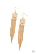 A tapered curtain of flat gold chains cascades from a gold rectangular fitting that delicately links to a gold square frame dotted in dainty white rhinestones, resulting in a trendy tassel. Earring attaches to a standard fishhook fitting.  Sold as one pair of earrings.
