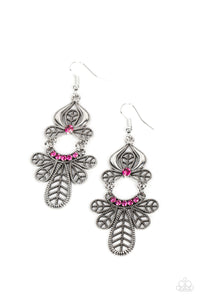 Studded leafy frames flare out from the bottom of a curved row of glittery pink rhinestones that swings from the bottom of a matching leafy silver frame. A solitaire pink rhinestone dots the uppermost frame, adding a collective shimmer to the seasonal chandelier. Earring attaches to a standard fishhook fitting.  Sold as one pair of earrings.