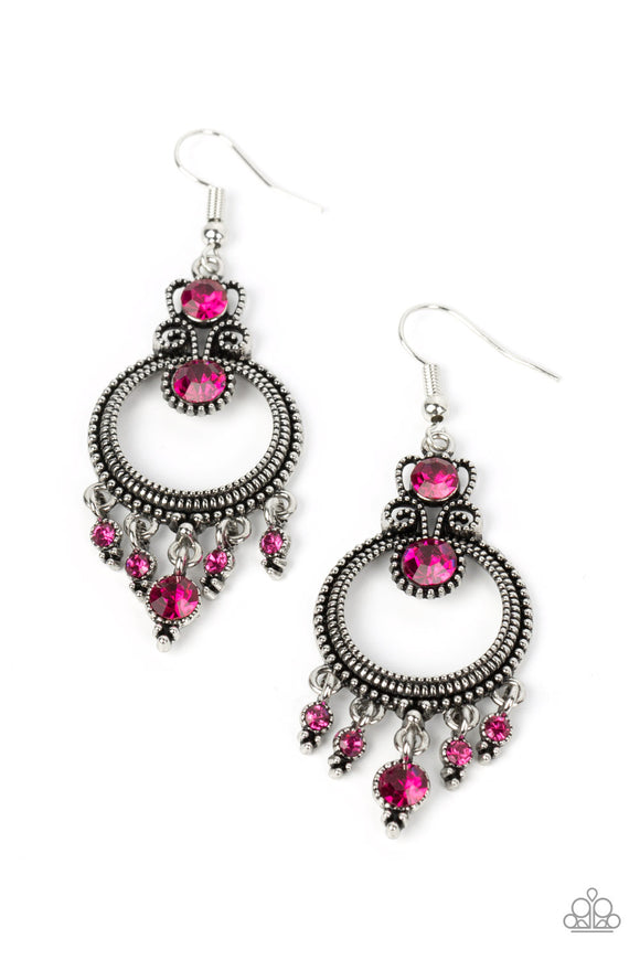 Sparkling with a pair of brilliant pink rhinestones, a studded filigree accent attaches to the top of a studded silver hoop brimming with antiqued textures. A dainty collection of pink rhinestones twinkles from the bottom of the frame, resulting in a glittery fringe. Earring attaches to a standard fishhook fitting.  Sold as one pair of earrings.