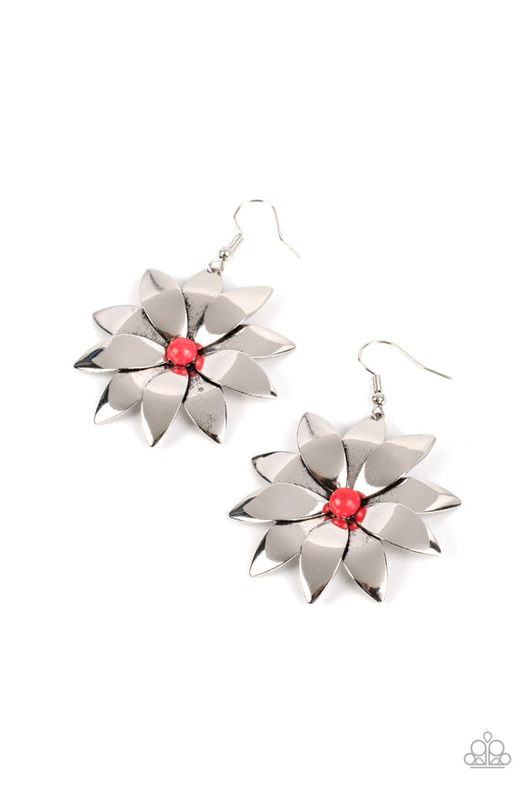 Overlapping silver petals bloom from a red stone beaded center as they gently curve into a pinwheel-like flower, resulting in a seasonal pop of color. Earring attaches to a standard fishhook fitting.  Sold as one pair of earrings.