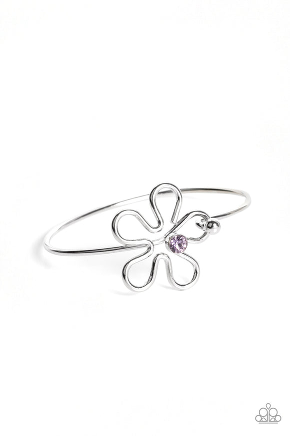Dotted with a sparkly purple rhinestone center, shiny silver bars curve into a floral frame atop a dainty silver bangle around the wrist. Features a pronged closure.  Sold as one individual bracelet.
