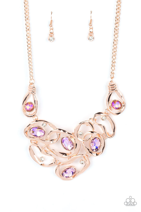 Beautiful July 2022 Life Of The Party Rose Gold Necklace with white and iridescent rhinestones.