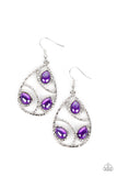 Featuring a glassy finish, glimmering purple teardrop beads adorn the center of an airy silver teardrop frame. Hammered in shimmer, arcing silver bars curve inside the frame for an abstract finish. Earring attaches to a standard fishhook fitting.  Sold as one pair of earrings.