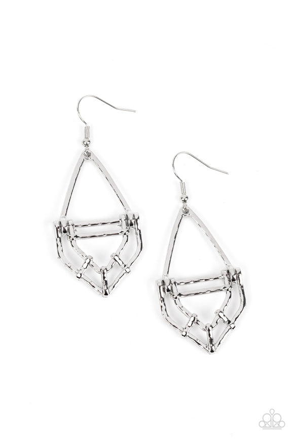 Brushed in a shiny finish, hammered silver bars and silver fittings attach to an edgy geometric lure for a versatile vibe. Earring attaches to a standard fishhook fitting.  Sold as one pair of earrings.