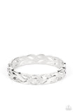 Folds of shiny silver and white rhinestone dotted silver frames delicately braid around the wrist, creating a leafy bangle-like bracelet. Features a hinged closure.  Sold as one individual bracelet.