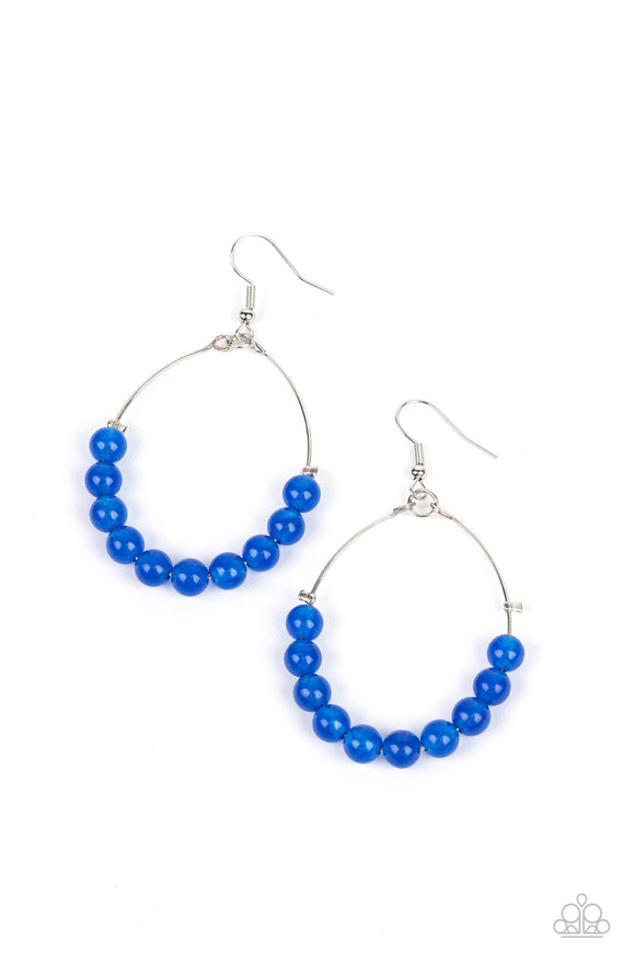 Blue stones are threaded along dangling silver hoops, evoking a trendy laidback design. Earring attaches to a standard fishhook fitting.  Sold as one pair of earrings.