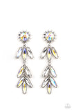 A silver sunburst frame wraps around a yellow iridescent gem as it gives way to an explosion of marquise-cut rhinestones in the same dreamy finish. The oblong frames swing dramatically from the ear, capturing and reflecting light at every turn. Earring attaches to a standard post fitting. Due to its prismatic palette, color may vary.  Sold as one pair of post earrings.