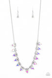 Solitaire white rhinestones sparkle atop iridescent prism-like gems below the collar, linking into a sharp-looking statement piece. Features an adjustable clasp closure. Due to its prismatic palette, color may vary.  Sold as one individual necklace. Includes one pair of matching earrings.