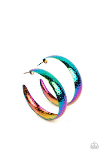 Radiating with hammered detail, an oil-spill finished hoop curls around the ear for a look ahead of its time. Earring attaches to a standard post fitting. Hoop measures approximately 1.75" in diameter.  Sold as one pair of hoop earrings.