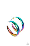 Radiating with hammered detail, an oil-spill finished hoop curls around the ear for a look ahead of its time. Earring attaches to a standard post fitting. Hoop measures approximately 1.75" in diameter.  Sold as one pair of hoop earrings.