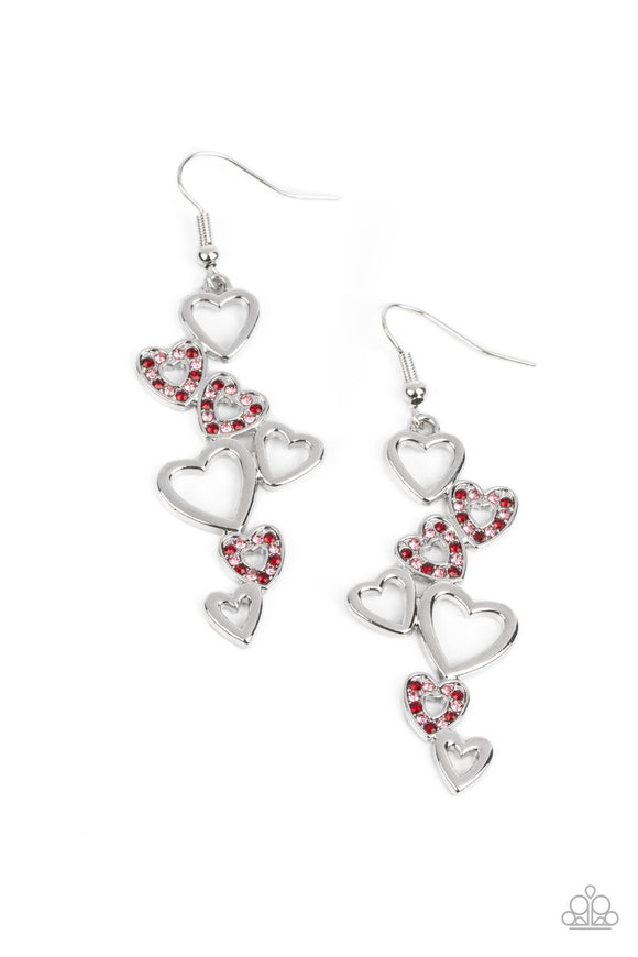 A collection of airy, heart-shaped silhouettes fall from the ear in a bubbly cascade. In a haphazard pattern, the sleek and simple silver frames alternate with those lined with sparkling siam and light rose rhinestones, culminating in a flirtatious lure. Earring attaches to a standard fishhook fitting.  Sold as one pair of earrings.