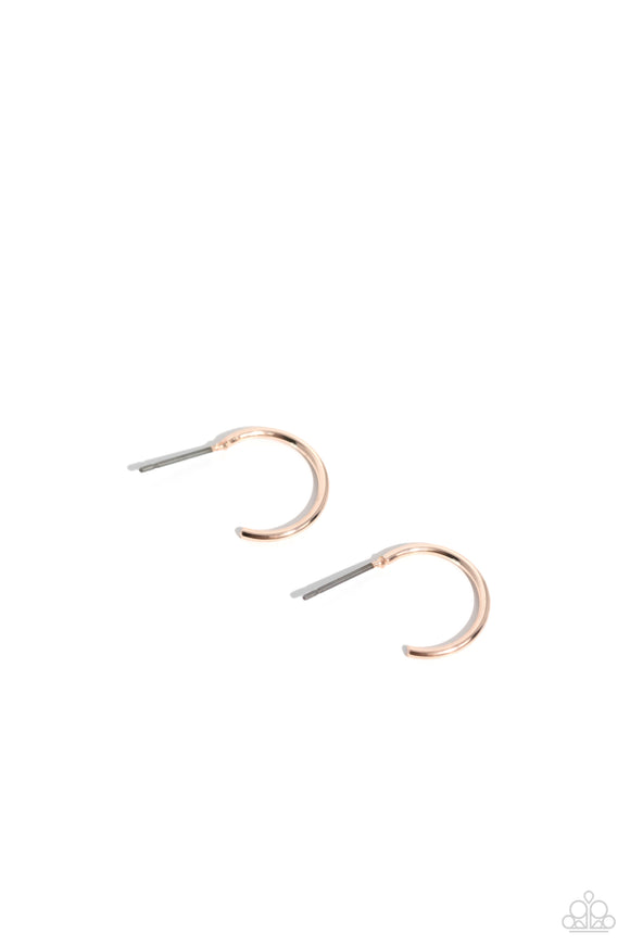 A glistening rose gold bar curves into a classic hoop, creating a dainty peek of shimmer around the ear. Earring attaches to a standard post fitting. Hoop measures approximately 1/2