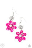 A sparkle-infused silver bead anchors a bright pink flower with a white pearl drop center. The layers of petals are accented by subtle silver borders, highlighting the handcrafted features of the design. Earring attaches to a standard fishhook fitting.  Sold as one pair of earrings.