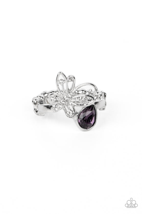 An airy silver butterfly, dotted in dainty white rhinestones, appears to be in mid-flight as it's tilted to its side and begins to climb up the finger. An amethyst teardrop sits next to the butterfly, providing a whimsical finishing touch to the lighthearted design. Features a dainty stretchy band for a flexible fit.  Sold as one individual ring.