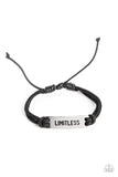 Double-stranded black paracord rope encircles a square silver pendant. Featured on the pendant, the word "Limitless" is stamped in bold lettering for an urban statement piece around the wrist. Features an adjustable sliding knot closure.  Sold as one individual bracelet.