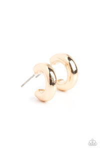 A deceptively simple dainty hoop of gold smoothly curves around the ear. The thick, chunky surface of the hoop catches the light, emitting radiant shimmer from the crescent-shaped curves. Earring attaches to a standard post fitting. Hoop measures approximately 1/4" in diameter.  Sold as one pair of hoop earrings.