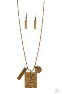 Hanging from a brass ball chain, a gritty collection of a rectangular plate dangles next to a disc featuring a sun, and a bar stamped with the Bible reference "2 Corinthians 5:7". The three dangling brass shapes add eye-catching movement to the inspired design. Prominently stamped on the rectangular pendant, the words "Walk by Faith not by Sight" stand out for a faith-filled finish. Features an adjustable clasp closure.  Sold as one individual necklace. Includes one pair of matching earrings.