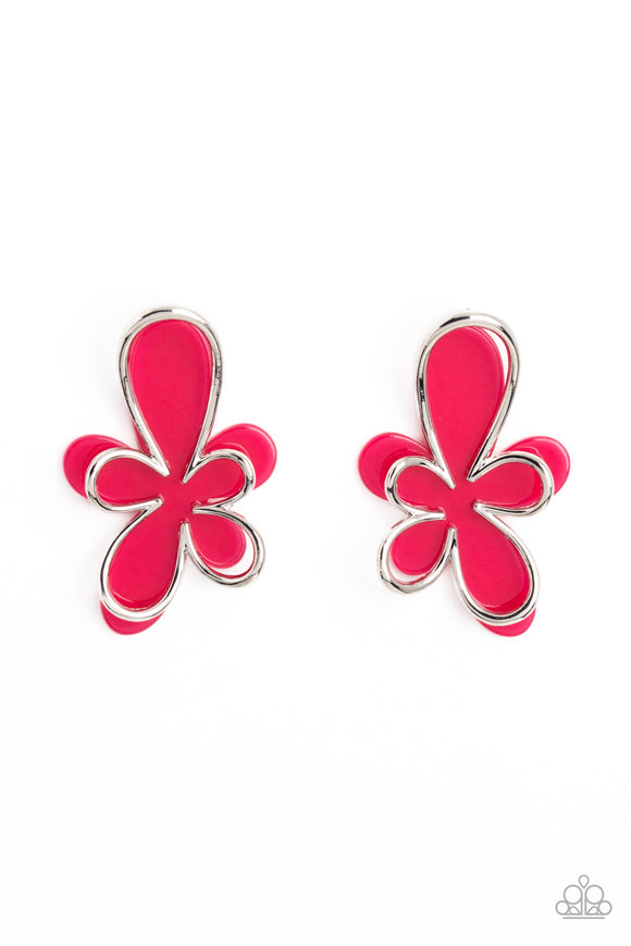 Overlapping a hot pink abstract acrylic flower, a silver outline in the same abstract floral shape glimmers atop the pop of color for a three-dimensional fashionable lure. Earring attaches to a standard post fitting.  Sold as one pair of post earrings.