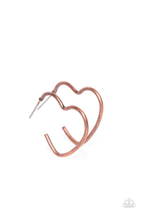 A simple hoop of copper curves around the ear into a heart-shaped frame. Its curls are complemented by its antiqued sheen finish, leaving a lasting impression. Earring attaches to a standard post fitting. Hoop measures approximately 1" in diameter.  Sold as one pair of hoop earrings.