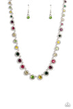 Spanning around the entirety of the neckline, a refined collection of colorful rhinestones are pressed into airy, studded, silver square frames, tilted on their sides for a three-dimensional shimmer. The frames and rhinestones gradually increase in size as they fall down the neckline, accentuating their colorful sparkle. Features an adjustable clasp closure.     Sold as one individual necklace. Includes one pair of matching earrings.