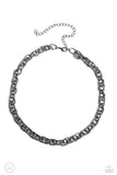 A strand of textured double gunmetal links drapes down the neckline in a stunning industrial display. The textured links catch and reflect the light at every angle, adding breathtaking shimmer to the monochromatic design. Features an adjustable clasp closure.  Sold as one individual choker necklace. Includes one pair of matching earrings.