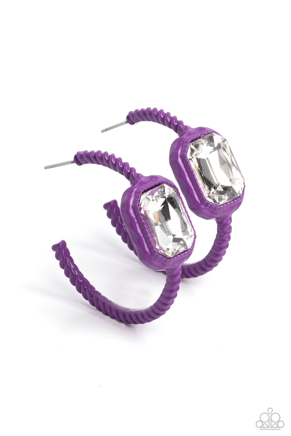 Textured metal dipped in a vibrant purple shade curls around the ear for a fashion-forward statement. A radiant, emerald-cut white gem is embedded near the top of the curve of color for a touch of sparkle. Earring attaches to a standard post fitting. Hoop measures approximately 1 1/2