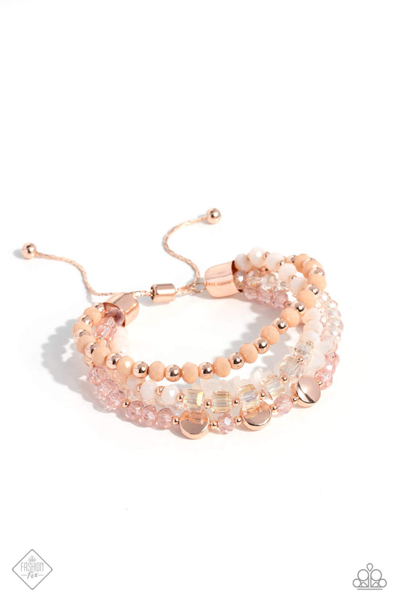 A mismatched assortment of glassy pink, Vanilla Cream, clear, and faceted peach beads joins chiseled white stones and dainty rose gold discs and studs to create a stack of dreamy layers. A Boston link rose gold chain streams from the end of the rose gold cap fittings that hold the layers in place, bringing effortless elegance to the design. Features an adjustable sliding knot closure. As the stone elements in this piece are natural, some color variation is normal.  Sold as one individual bracelet.