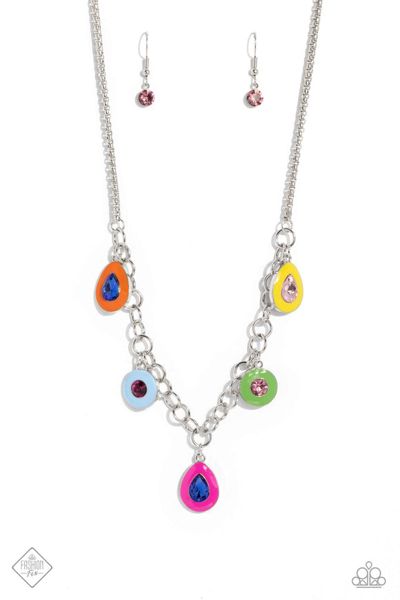 Attached to a section of shiny silver links, a collection of teardrop and round multicolored gems, bordered by Orange Tiger, Summer Song, Fuchsia Fedora, Classic Green, and Samoan Sun frames, swing below the collar. Attached to the silver links, a dainty silver box chain wraps around the neckline, further emphasizing the colorful collision of paint and gems. Features an adjustable clasp closure.  Sold as one individual necklace. Includes one pair of matching earrings.