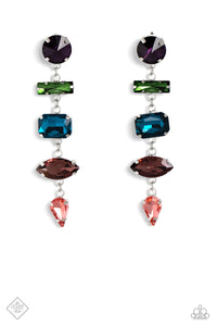 Five various-cut multicolored rhinestones, set in classic shiny silver pronged settings, stack one over the other creating a colorfully industrial lure. Earring attaches to a standard post fitting.  Sold as one pair of post earrings.