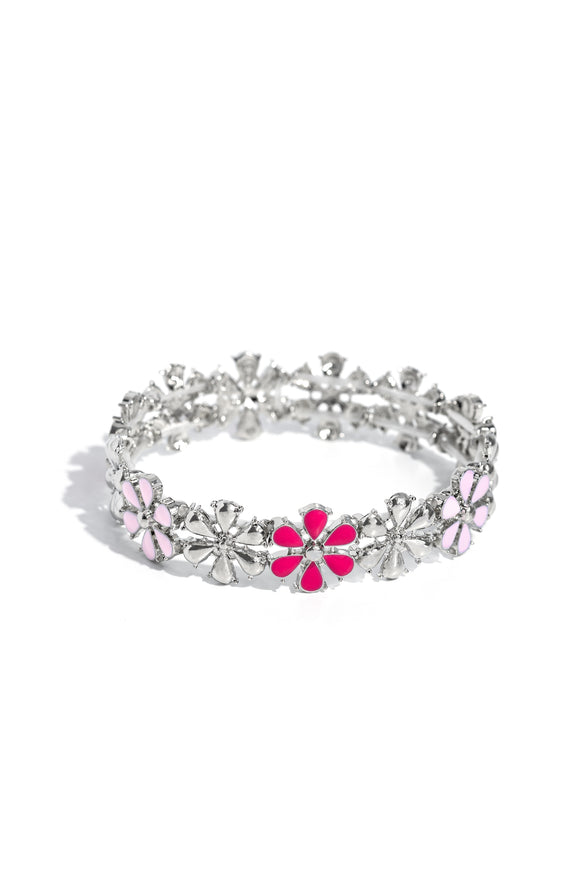 Painted in vivacious shades of Pink Peacock and light pink, a collection of silver studded flowers alternating with high-sheen silver flowers glides across the wrist from an elastic stretchy band for a whimsical array.  Sold as one individual bracelet