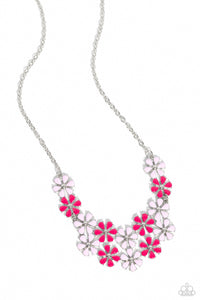 Painted in vivacious shades of Pink Peacock and light pink, a collection of silver studded flowers glide across the chest from a dainty silver chain for a whimsical array. Features an adjustable clasp closure.  Sold as one individual necklace. Includes one pair of matching earrings.