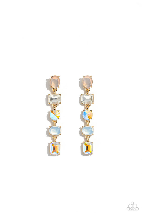 Featuring various opacities, sheens, and cuts, five multicolored rhinestones, set in dainty gold pronged settings, stack one over the other, creating a refined lure with a dash of color and sparkle. Earring attaches to a standard post fitting.  Sold as one pair of post earrings.