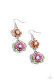 Dotted with dainty white gem centers and white rhinestone details, intricate 3D silver flowers, adorned in Rose Violet, Kohlrabi, and orange shades, link into a whimsical, glitzy lure. Earring attaches to a standard fishhook fitting.  Sold as one pair of earrings.