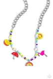 A thick, flat silver curb chain leads down the neckline to a section of purple, baby pink, light blue, and Kohlrabi seed beads and various-sized white pearls. A collection of seasonal charms gather along the colorful display, including a pink flamingo, a High Visibility and Rose Violet smiley face, a Pantone-colored rainbow, a red umbrella, and a burnt orange and yellow-colored orange slice. Features an adjustable clasp closure.  Sold as one individual necklace. Includes one pair of matching earrings.