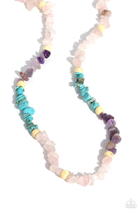 Infused on an invisible wire, chiseled turquoise, amethyst, and rose quartz stones coalesce around the collar for a colorfully, earthy statement. White wood beads sporadically dot amongst the chiseled collection for an additional artisanal touch. Features an adjustable clasp closure. As the stone elements in this piece are natural, some color variation is normal.  Sold as one individual necklace. Includes one pair of matching earrings.