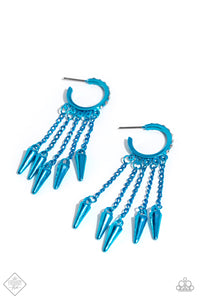 Strands of metallic blue chain are embellished with low-hanging metallic blue spikes from a rhinestone-encrusted metallic blue hoop for a punk-inspired statement. Earring attaches to a standard post fitting. Hoop measures approximately 3/4" in diameter.  Sold as one pair of hoop earrings.