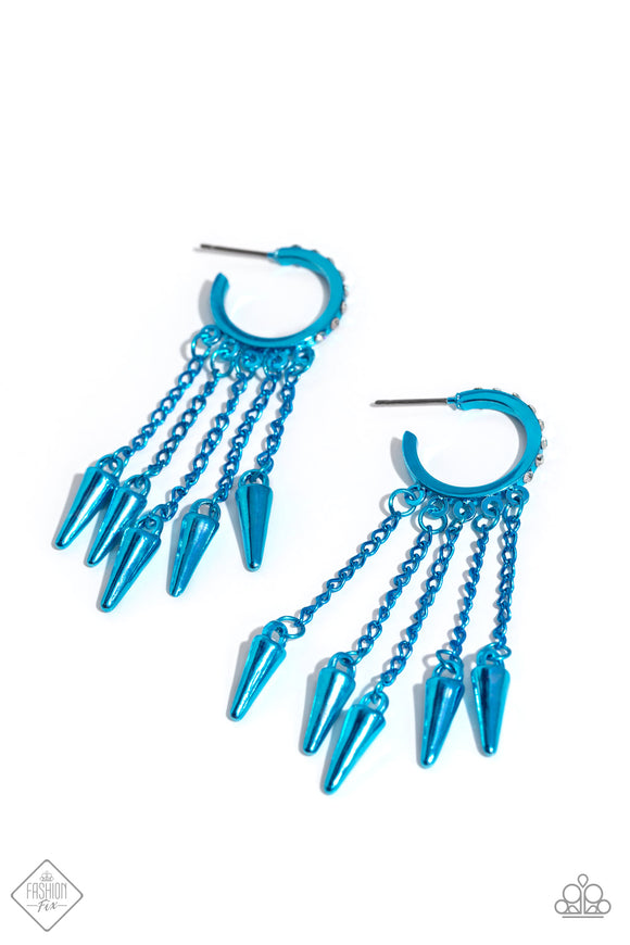 Strands of metallic blue chain are embellished with low-hanging metallic blue spikes from a rhinestone-encrusted metallic blue hoop for a punk-inspired statement. Earring attaches to a standard post fitting. Hoop measures approximately 3/4